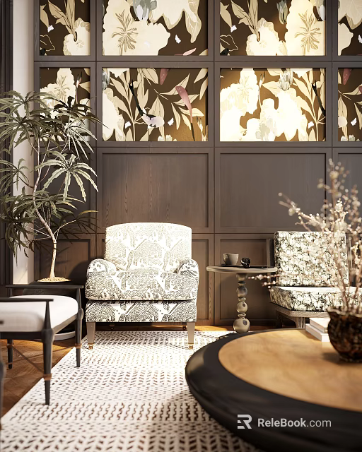 Elegant Floral Patterned Accent Chair With Dark Wooden Panel Walls Decorative Screen And Potted Plant 3d model 