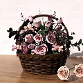 Wicker Basket With Pink And Lavender Roses On Wooden Table White Brick Wall