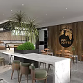 Modern Café Interior Design with Comfortable Chairs Dining Tables Large Plants and Decorative Wall Art