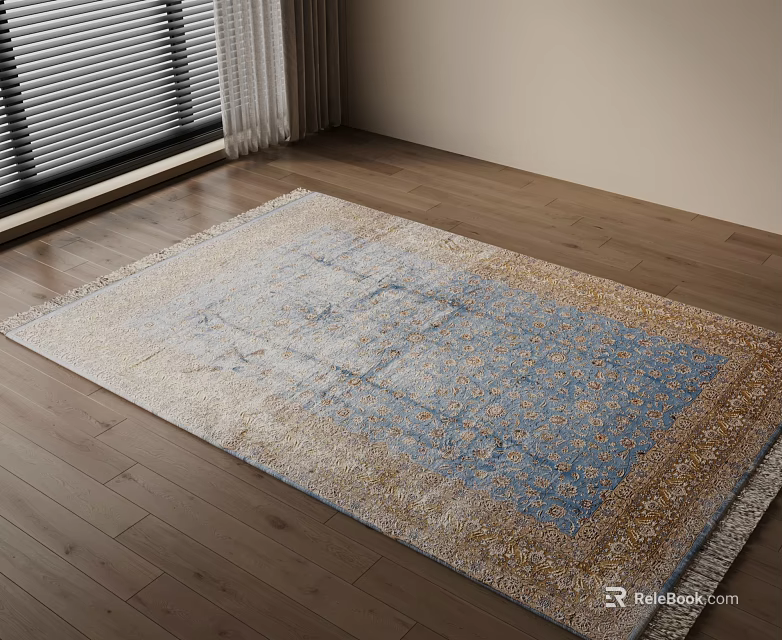 Square Area Rug With Intricate Patterns On Wooden Floor 3d model 