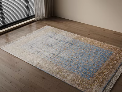Square Area Rug With Intricate Patterns On Wooden Floor 3d model