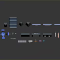 Various Gate Models Showcasing Blue and Gray Structures on Reflective Surface