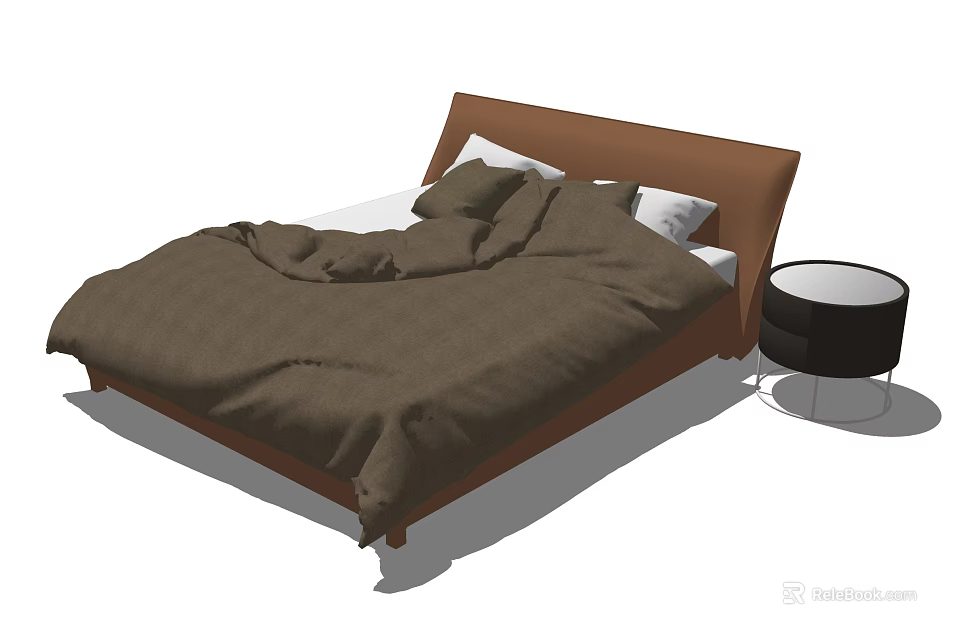 Double Bed with Brown Upholstered Headboard Cozy Comforter and Side Table 3d model