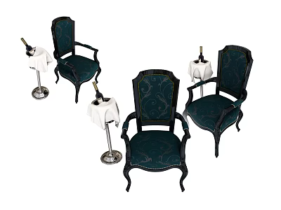 Elegant Leisure Chairs With Carved Details Dark Frames And Side Tables Holding Wine Bottles 3d model