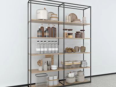 Shelf Display Cabinet Side Cabinet Island Display Rack Household Products Rack Iron Rack Wooden Rack Wood Grain Laminate Hook Induction Cooker Iron Pot Hot Pot Kitchen Supplies Rack Supermarket Shelf Iron Rack 3d model