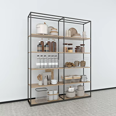 Modern Multi Tiered Metal Frame Display Shelf With Kitchen Jars Dishes And Containers 3d model