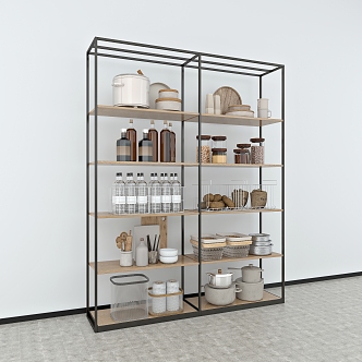 Shelf Display Cabinet Side Cabinet Island Display Rack Household Products Rack Iron Rack Wooden Rack Wood Grain Laminate Hook Induction Cooker Iron Pot Hot Pot Kitchen Supplies Rack Supermarket Shelf Iron Rack 3d model