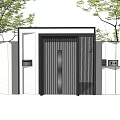 Modern Garden Landscape Entrance With White Walls Black Wooden Gate And Green Trees