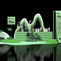 Green Exhibition Booth Design With Curved Structure Plant Elements And Text Logos 3d model