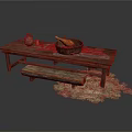 Rustic Wooden Table With Clay Pot Roasted Chicken Basket Bench And Straw