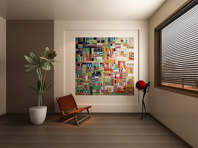 Vibrant Abstract Painting With Geometric Patterns In Interior With Wooden Chair Potted Plant And Window 3d model