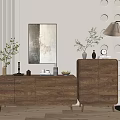 Natural Wooden Entryway Cabinet And Side Cabinet With Potted Plants Artwork And Decorative Drawers