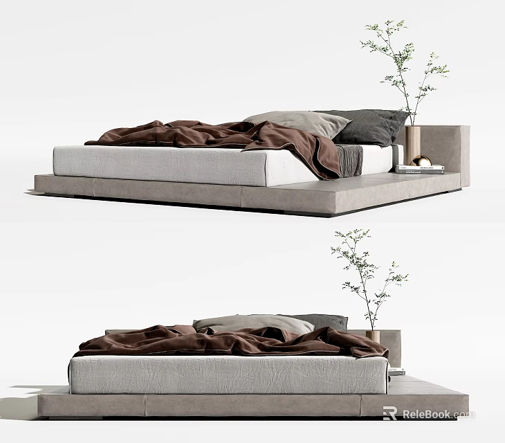 Modern Double Bed Platform Design With Gray Frame Brown Bedspread And Green Plant 3d model 