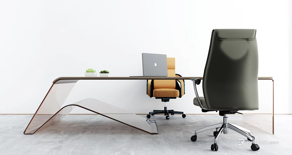 Modern Office Desk With Transparent Glass Top Orange Chair Black Chair And Small Potted Plant 3d model 