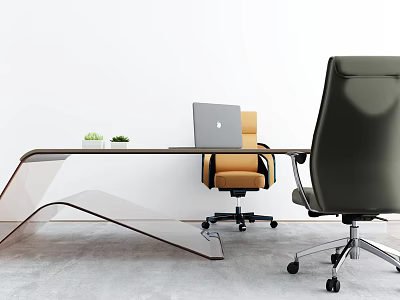 Modern Office Desk With Transparent Glass Top Orange Chair Black Chair And Small Potted Plant 3d model