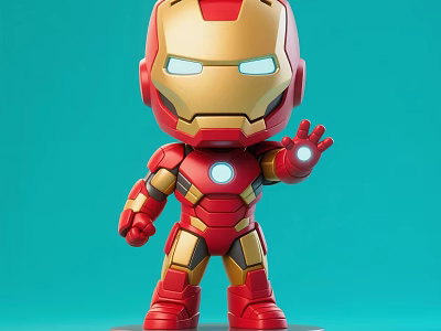 Man Shaped Iron Man Chibi Figure With Red Gold Armor Glowing Palm And Turquoise Background 3d model