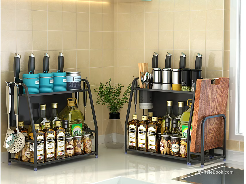 Black Multi tiered Bathroom Cabinet Rack With Toiletries Storage And Decorative Plant 3d model 