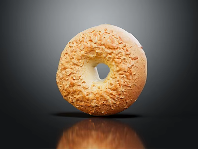 Golden Brown Bagel With Sesame Seeds And Reflection On Black Background 3d model