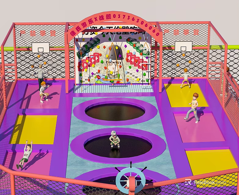 Indoor Basketball Court With Colorful Flooring Trampolines And Hoops For Kids Play 3d model 