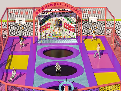 Indoor Basketball Court With Colorful Flooring Trampolines And Hoops For Kids Play 3d model