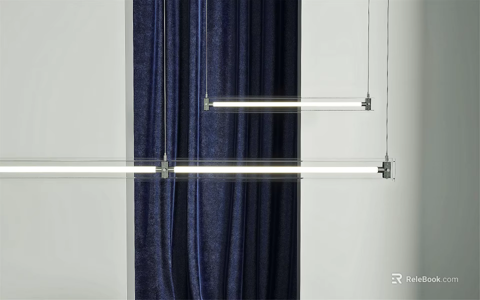 Modern Linear Pendant Light With Sleek Metal Frame Against Navy Blue Curtains And White Background 3d model 