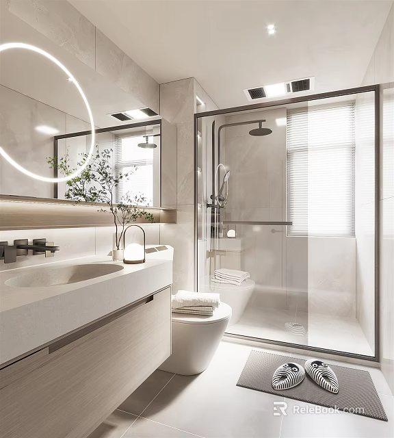 Modern Bathroom Interior Design With Round Mirror Vanity Glass Shower And Toilet 3d model 