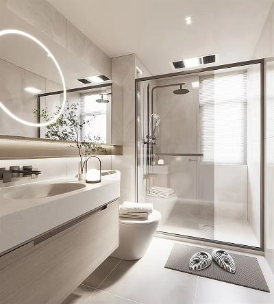 Modern Bathroom Interior Design With Round Mirror Vanity Glass Shower And Toilet 3d model