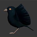 Cartoon Dark Blue Bird with Spread Wings Yellow Eyes Orange Beak Pink Claws Grey Background