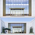 Modern Building Main Entrance Gate With Glass Doors Metal Frame And Stone Facade