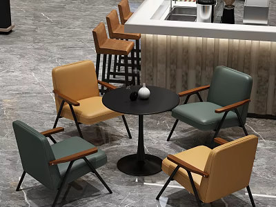 Casual Sofa Set in Yellow and Green with Wooden Armrests and Small Round Table 3d model