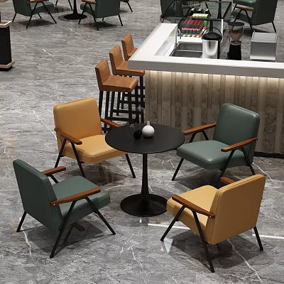 Casual Sofa Set in Yellow and Green with Wooden Armrests and Small Round Table 3d model