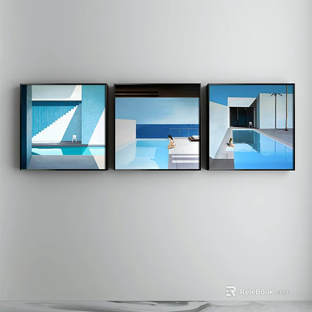 Triple Panel Modern Pool Artwork With Blue Tones And Architectural Elements 3d model