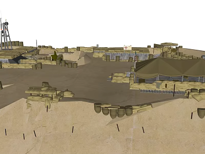 Military Road Facilities With Sandbag Barriers Watch Tower And Tents In Military Base 3d model
