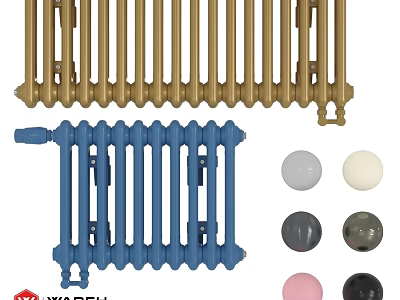 Stylish Golden And Blue Radiators With Colorful Decorative Balls For Home Heating 3d model