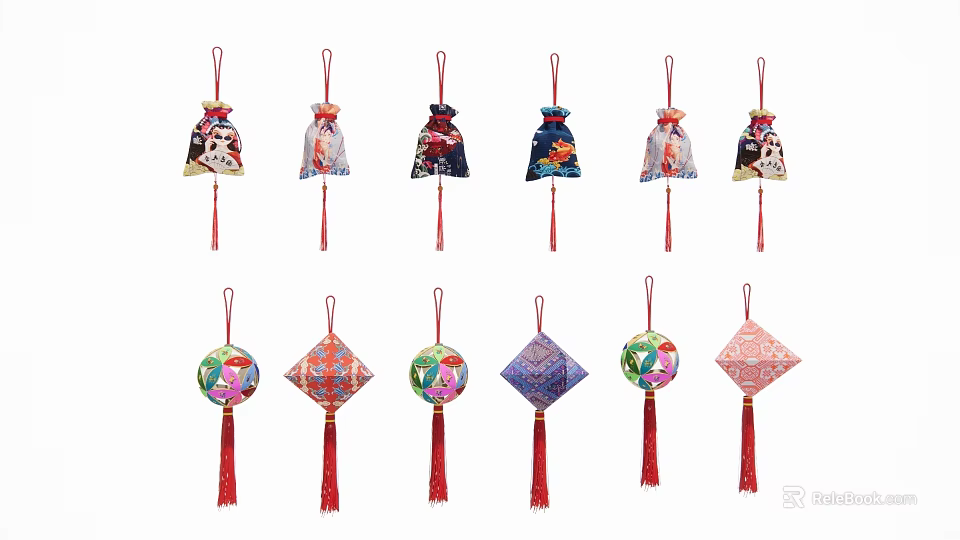 Traditional Chinese Hanging Ornaments With Various Shapes Colorful Patterns And Tassels 3d model 