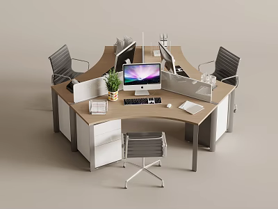 Modern Office Desk And Chair Set Workstation With Curved Design Computer Potted Plant Documents 3d model