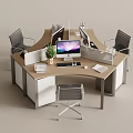 Modern Office Desk And Chair Set Workstation With Curved Design Computer Potted Plant Documents