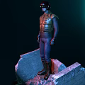 Sci Fi Character In Armor Vest Standing On Broken Stone Platform With Goggles