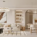 Modern Living Dining Room Interior With White Sofa Chandelier Geometric Rug And Dining Furniture