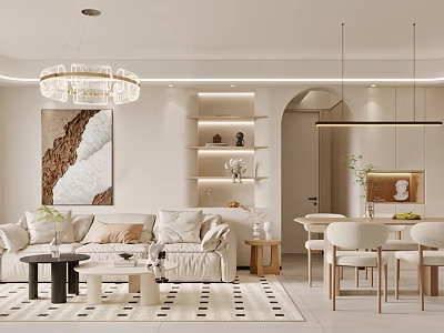 Modern Living Dining Room Interior With White Sofa Chandelier Geometric Rug And Dining Furniture 3d model