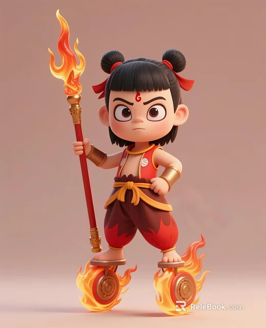 Man In Red Outfit Holding Flaming Spear With Topknot And Flames Around Feet 3d model 