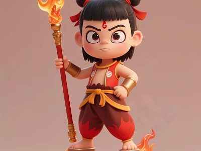 Man In Red Outfit Holding Flaming Spear With Topknot And Flames Around Feet 3d model