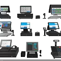Different Styles of Modern Cash Registers with Display Screens and Accessories
