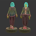3D Female Character Models With Green Hair Purple Trim Outfit And Tire Base Stand