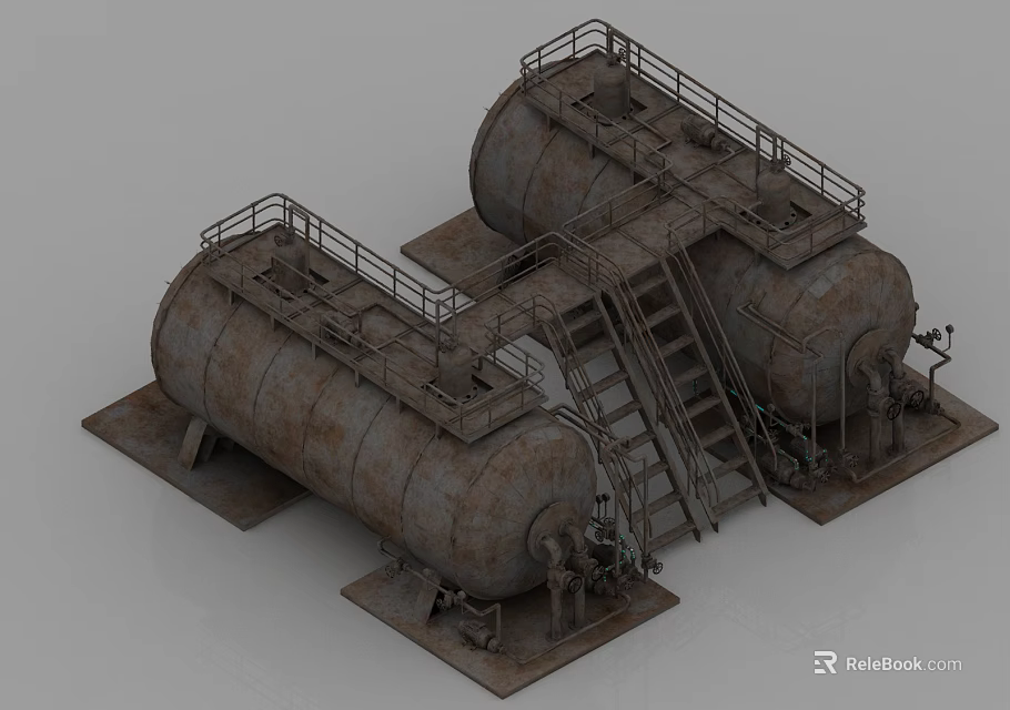 Large Industrial Storage Tanks Featuring Metal Construction Rusted Surface Top Railings And Connecting Ladders 3d model 