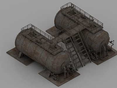 Large Industrial Storage Tanks Featuring Metal Construction Rusted Surface Top Railings And Connecting Ladders 3d model