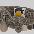 Fluffy Cream Colored Single Sofa with Wooden Legs and Yellow Circle Black Pattern Pillow