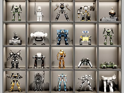 Electric Toys Robot Models On Display Shelves With Various Designs And Colors 3d model