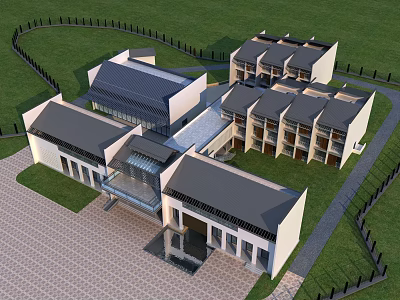 Modern Architecture Aerial View Of Connected Buildings With Lawn Fence And Roofs 3d model