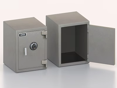 Gray Metal Safes One Closed With Dial Lock And One Open For Home Storage 3d model